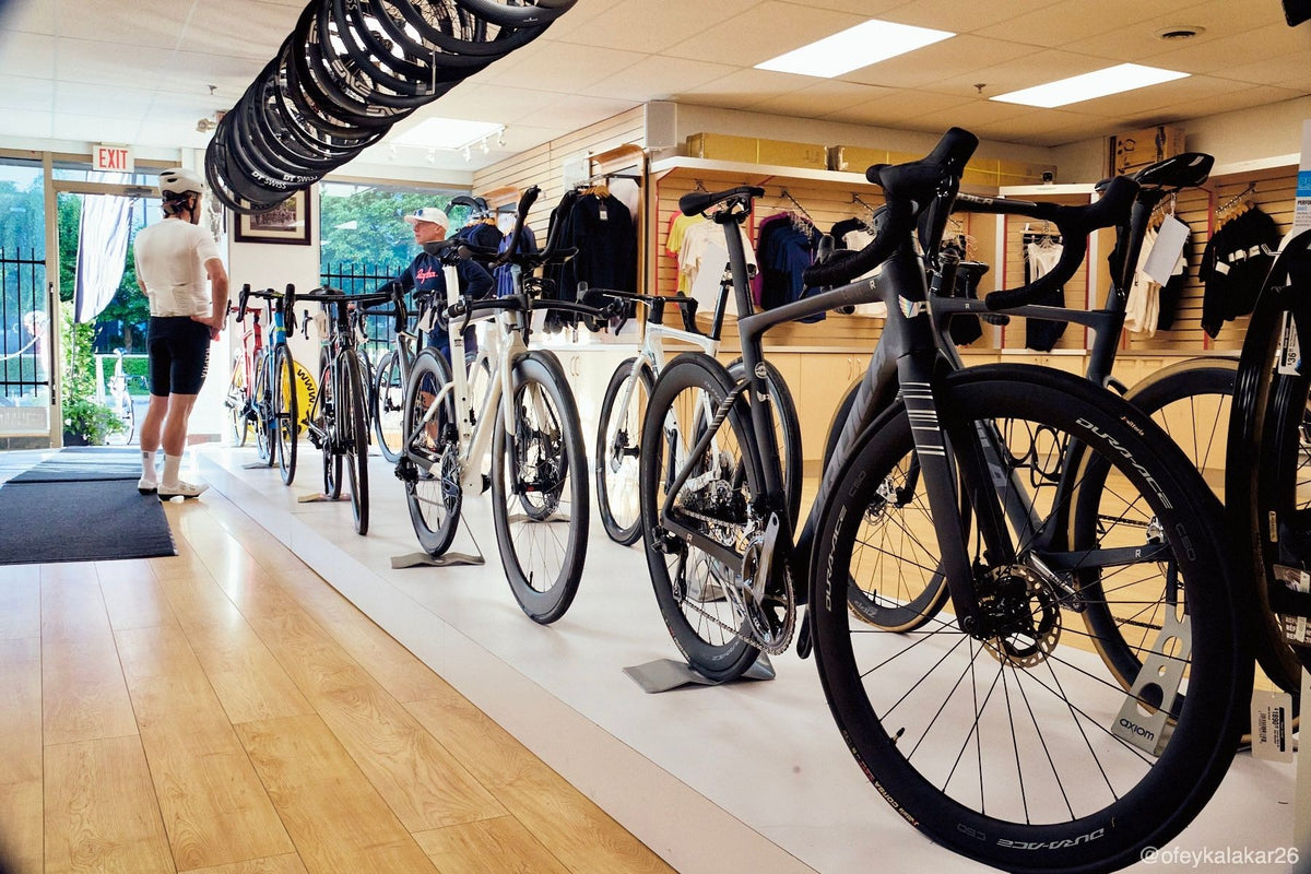 Bikes lined up on the showroom floor